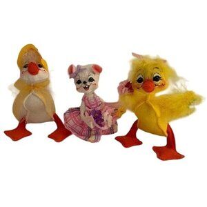 Annalee Duck & Mouse Spring Figurines Yellow White Pink Fabric Dolls